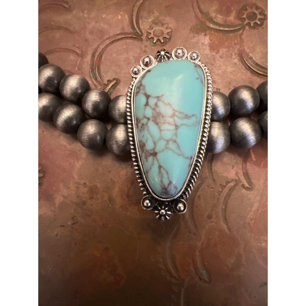 Necklace NAVAJO BEAD TURQUOISE SLVR CONCHO CHOKER WESTERN SOUTHWEST DESERT STAR - Picture 2 of 6
